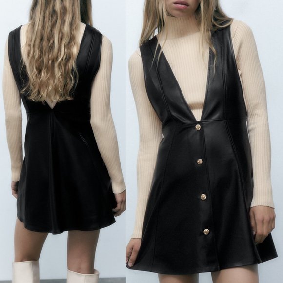 Zara Dresses & Skirts - NEW Zara Faux Leather Gold Button Pinafore Overall Skirtall Dress Black Medium M